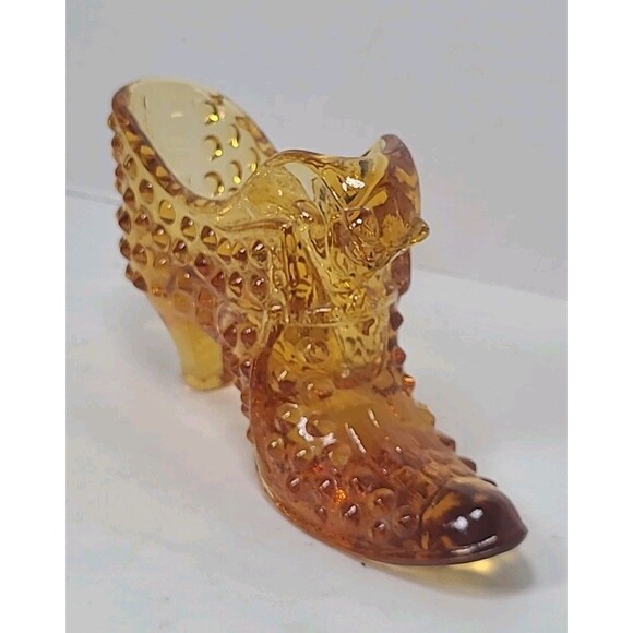 Amber Cat Head Hobnail Shoe Slipper Vintage Fenton Art Glass - Picture 3 of 5